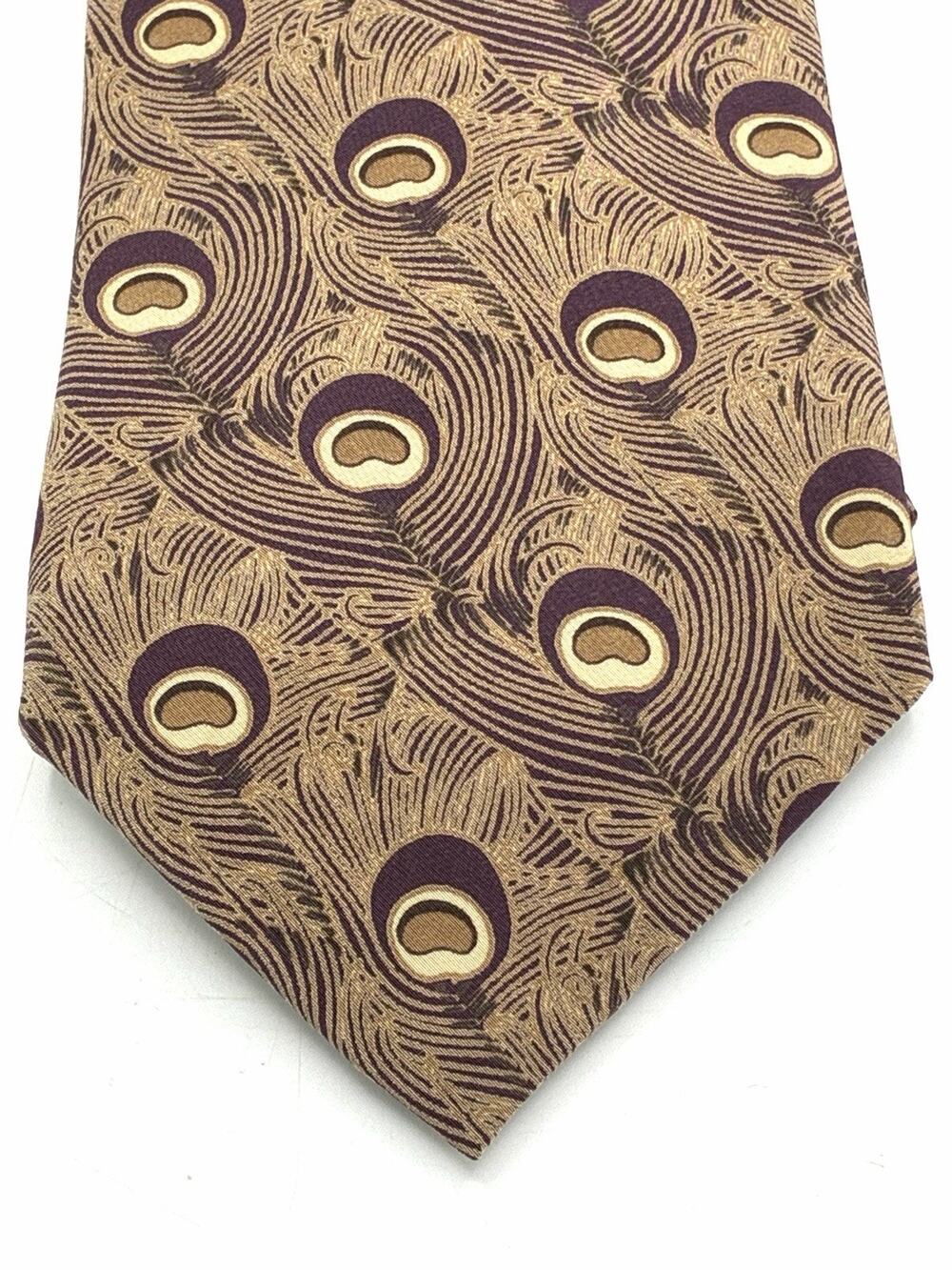 Vintage Guy Laroche Couture Silk Tie Peacock Feather Brown Purple Novelty